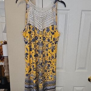 Cato Yellow and Blue Paisley Midi Dress with Crochet Detail